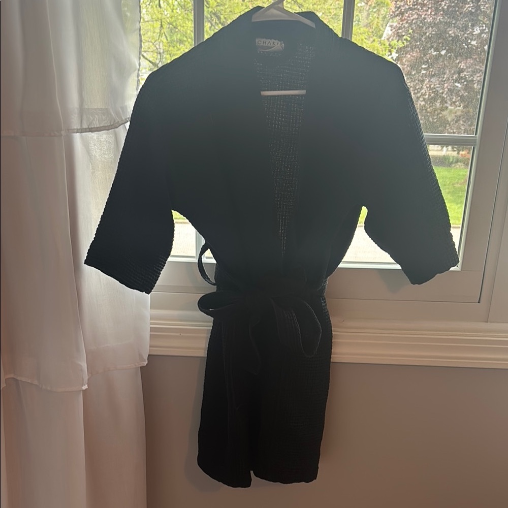 Black Wrap Robe with Short Sleeves and Belt